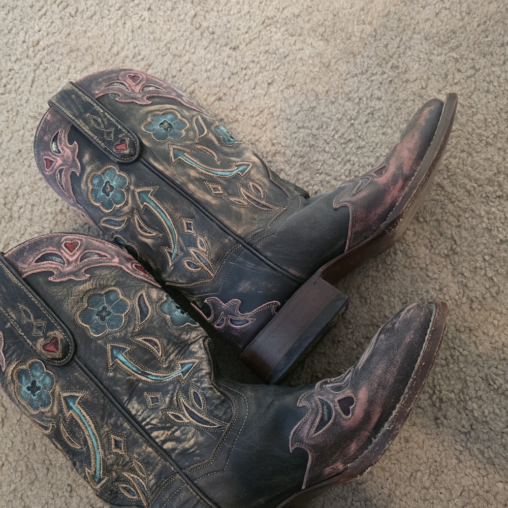 Dan Post Black and Pink Embroidered Heeled Boots